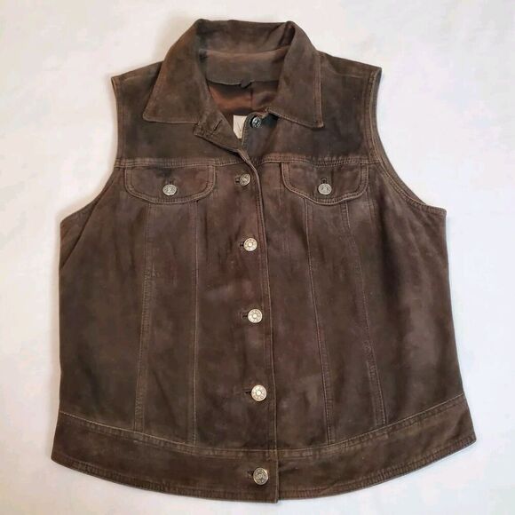 Vakko Vest Brown Leather Suede Collared Button Down Pockets Lined Size M - Picture 1 of 7